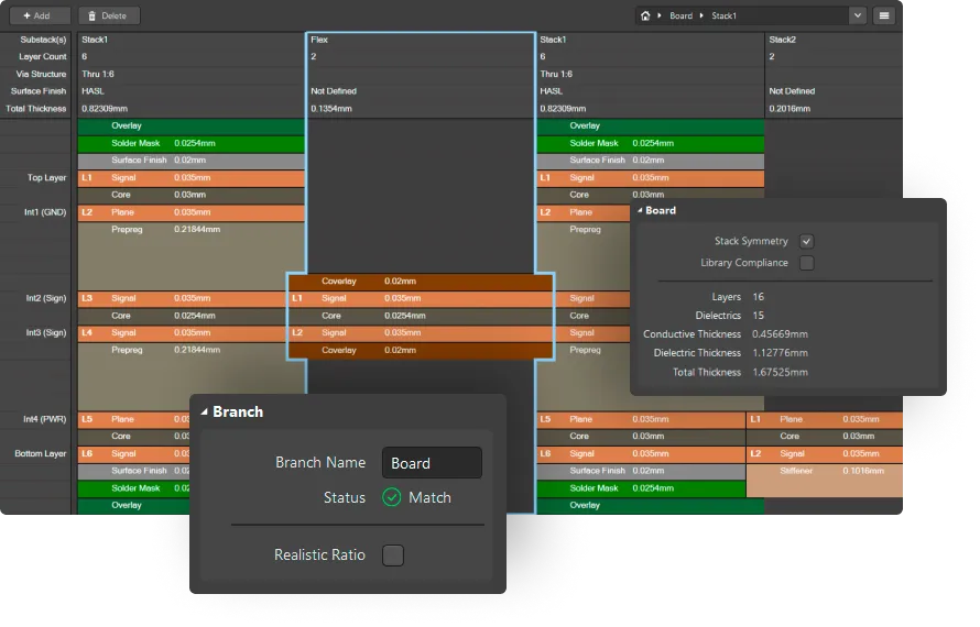 PCB stack-up editor interface for layer configuration in design software