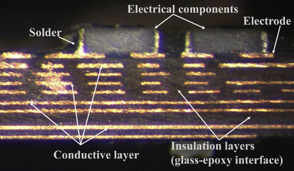 Microscopic cross-section of a multi-layer PCB displaying resin separation between copper layers