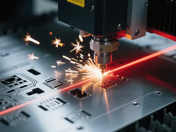Close-up of laser-cut stencil showing precise apertures for SMT assembly