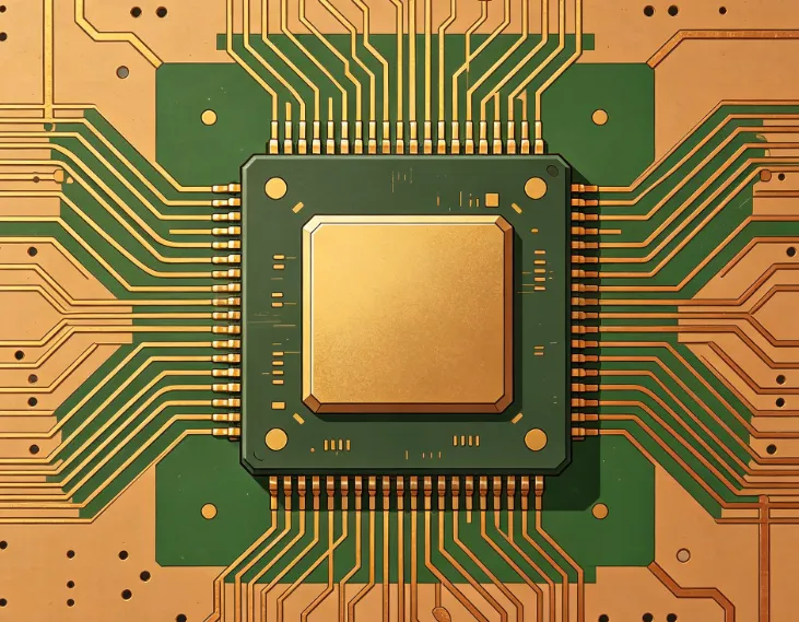 PCB layout view of QFP footprint showing solder mask dams between leads