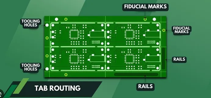 Close-up of tab routing on PCB panel for stability in assembly."
