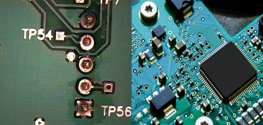 Comparison of dirty PCB with flux residue and clean PCB for reliability.