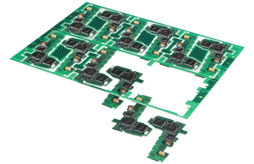 PCB panel with irregular board shapes optimized for minimal waste.
