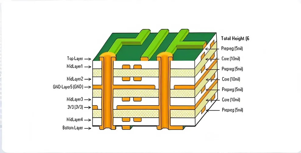 Cross-section of a multi-layer PCB stackup design for signal integrity