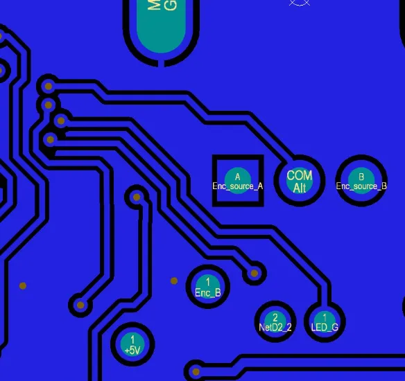 'Example layout showing wide traces for PDN and stitched ground pour in double-layer PCB