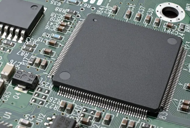SMT-assembled PCB with surface mount components.