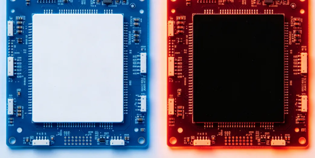 Infrared image comparing heat distribution on PCBs with white and black silk screen')