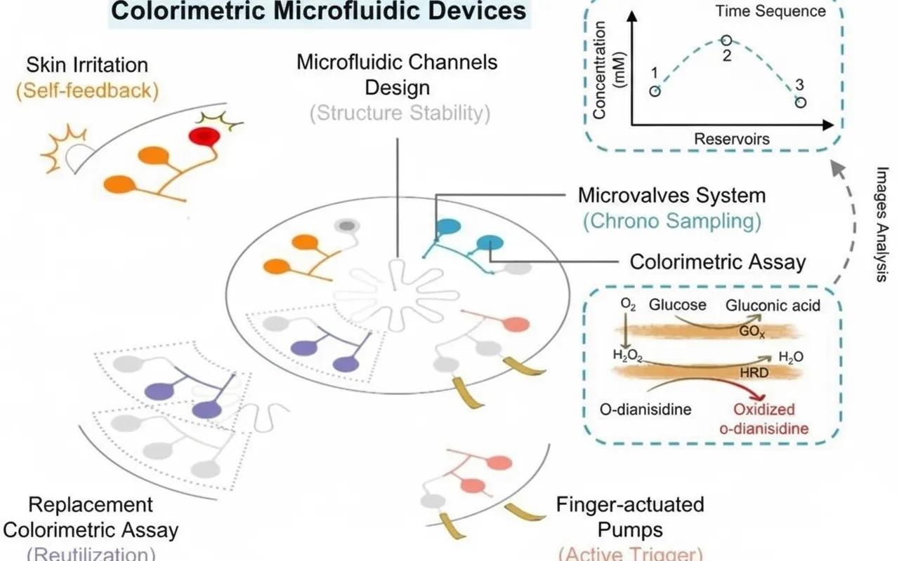 schematic of skin-interfaced colorimetric microfluidic device for sweat analysis