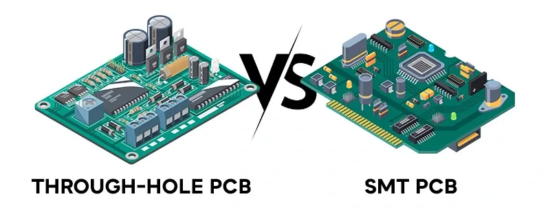 Side-by-side view of through-hole vs. surface mount PCB assembly