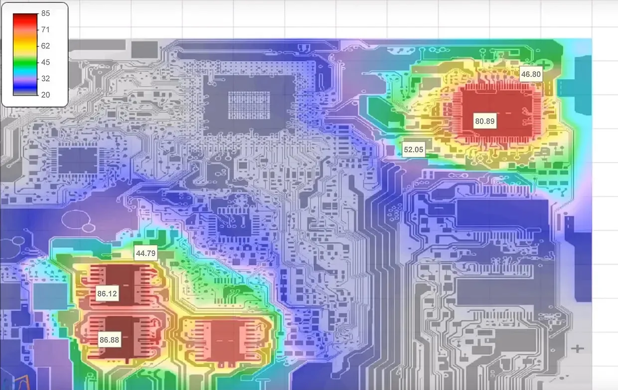 Thermal simulation of a 1 oz copper PCB showing heat distribution