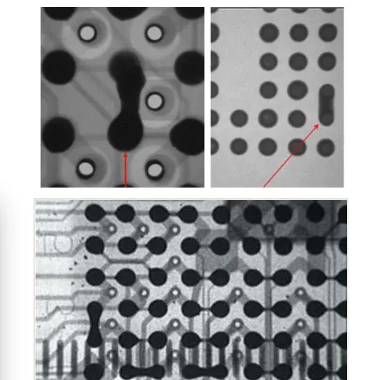 X-ray image of PCB showing solder voids and internal defects