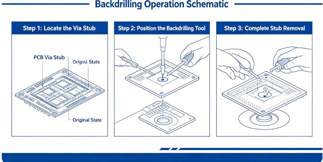 Diagram of backdrilling operation removing the via stub portion