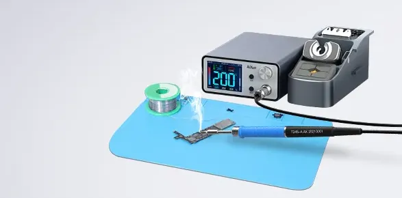 Using hot air rework station for solder reflow on PCB.