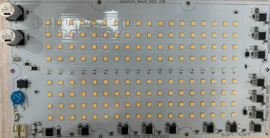 Top view of high-brightness LED array PCB design with thermal vias and wide copper pours