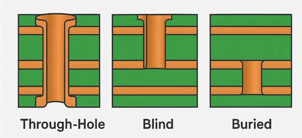 Diagram of various PCB via types including through-hole, blind, and buried.