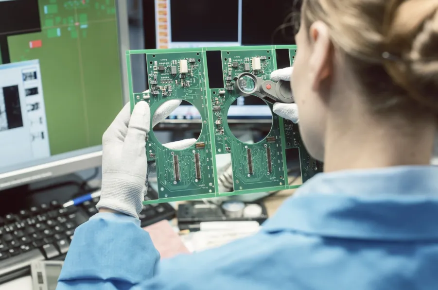 Technician performing visual inspection of PCB for green solder mask defects.