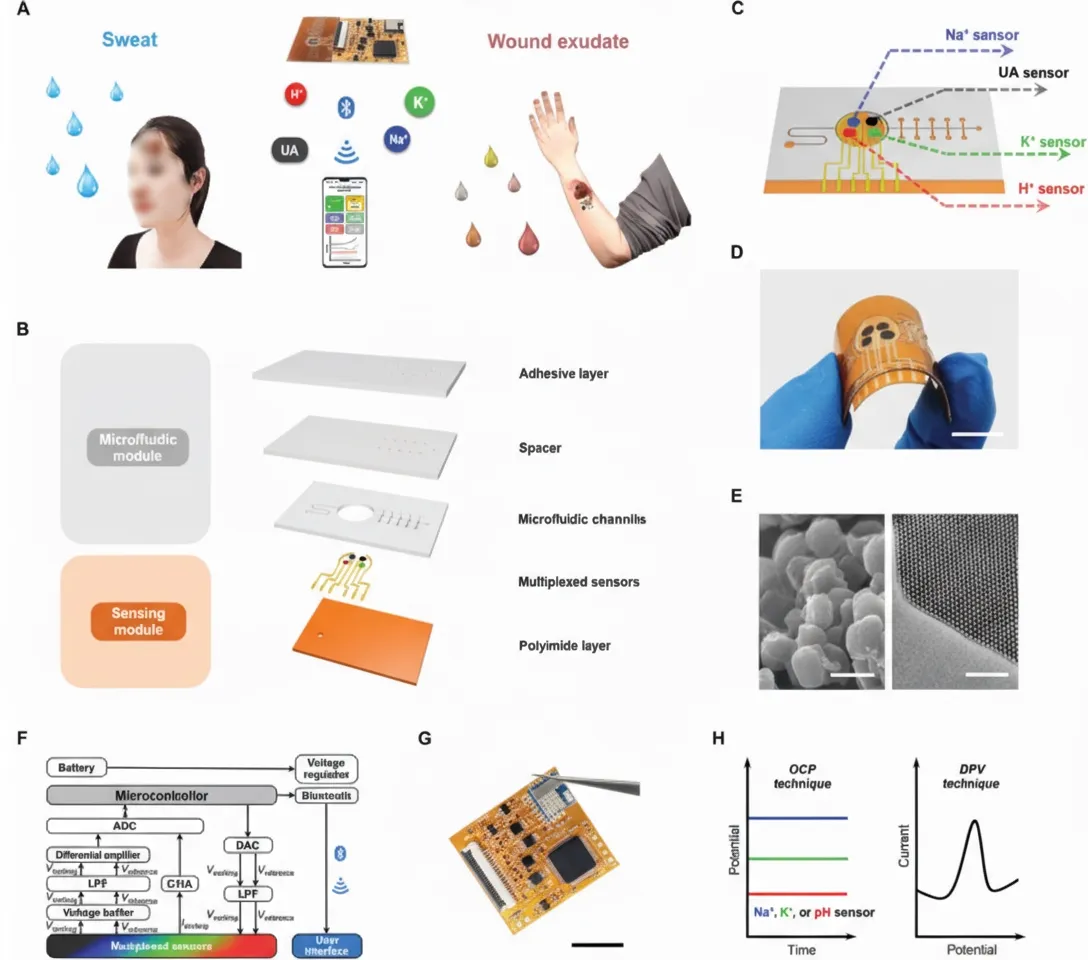 Dual-function fully integrated wearable tracker schematic for multiplexed wireless on-site monitoring of sweat and wound exudate biomarkers
