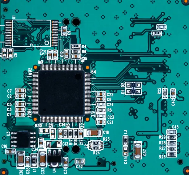 Close-up of PCB traces with different widths for current capacity.