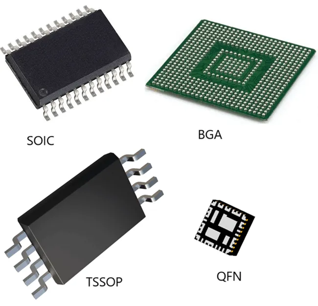 Comparison of SMD IC package types including SOIC, QFP, and BGA