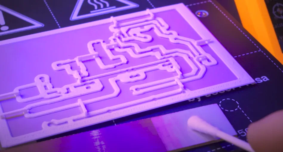 PCB undergoing UV exposure during solder mask application for SMT design.
