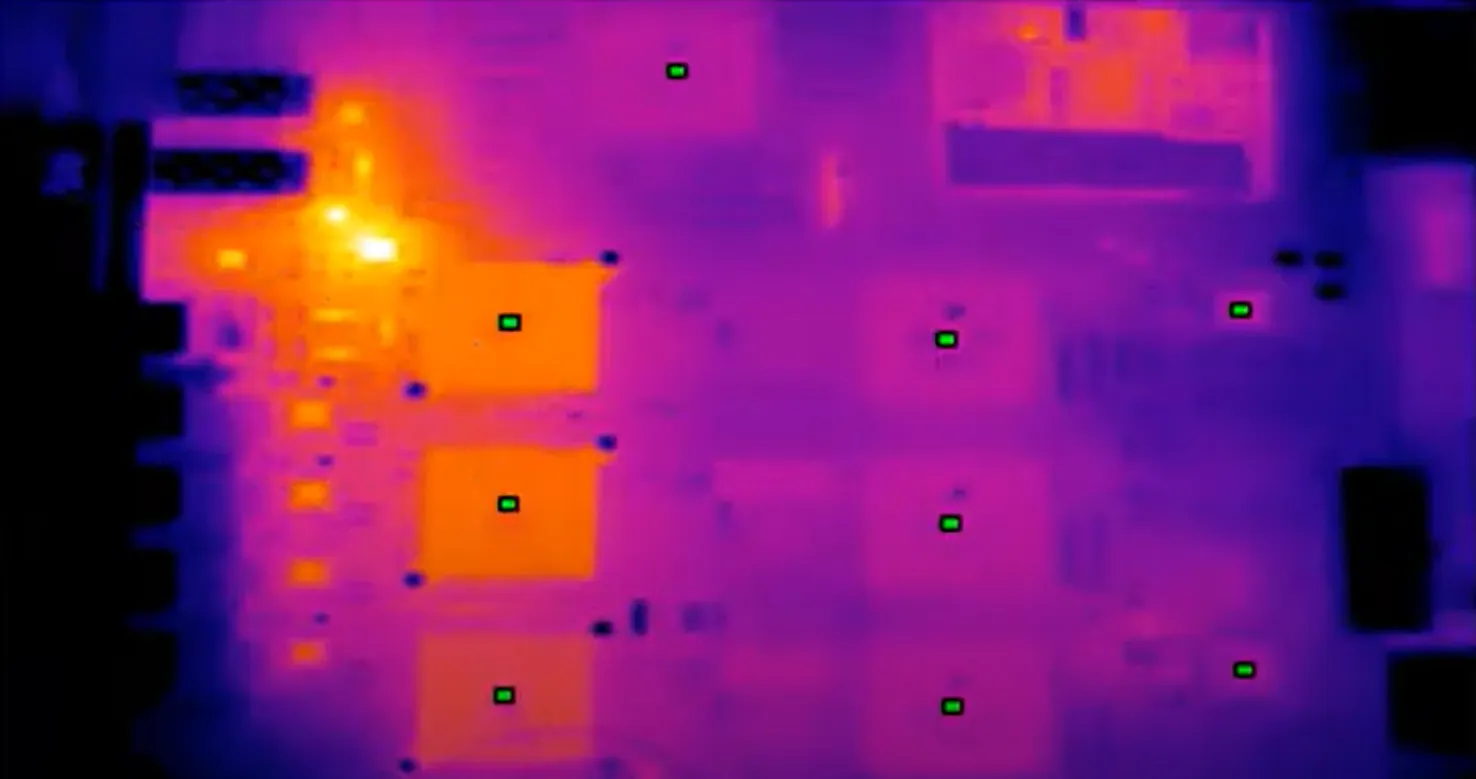 Thermal imaging of a PCB showing a hotspot from a trace defect
