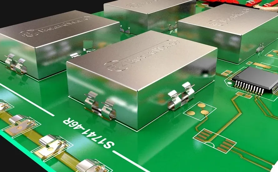 PCB layout with shielding for EMI reduction around sensitive components.