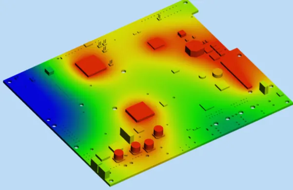 Color-coded thermal simulation showing heat distribution around a power component footprint