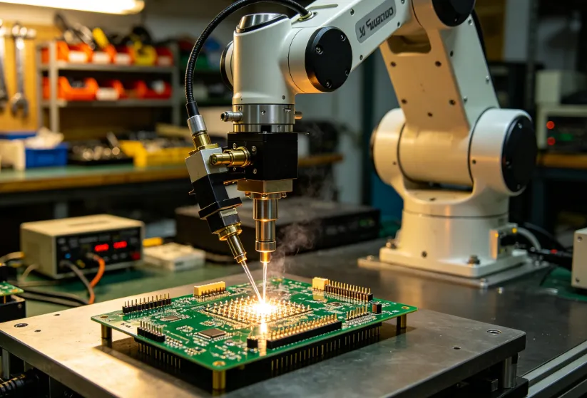 Multi-axis robot performing selective soldering on PCB through-hole components