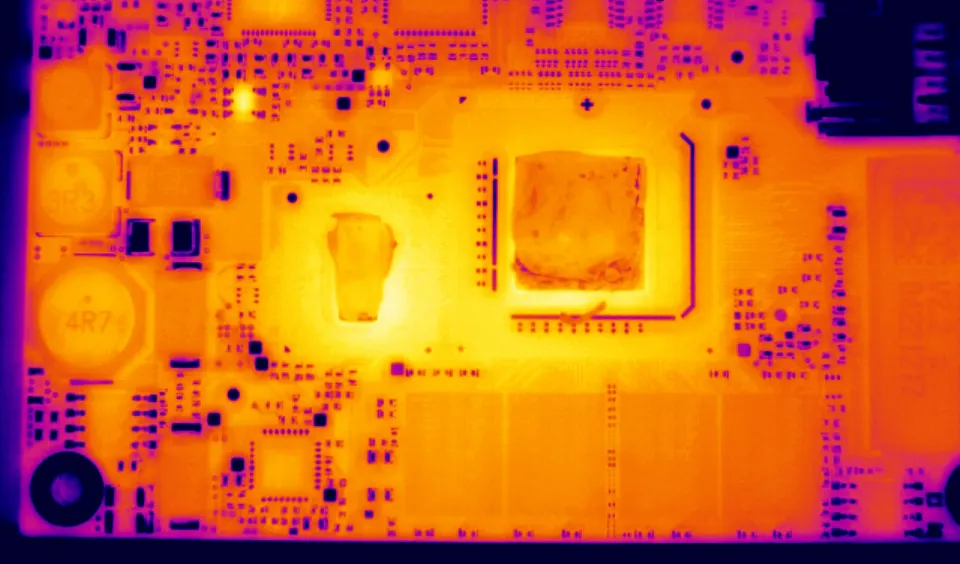 Thermal imaging of PCB showing hotspot progression during runaway