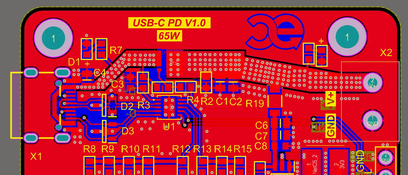 PCB layout with ground planes and trace spacing for improved signal integrity.