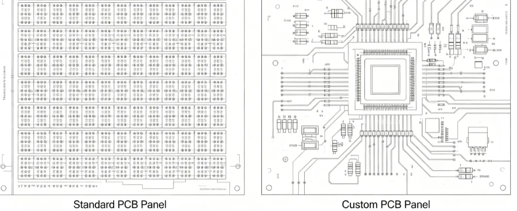 Side-by-side view of standard and custom PCB panel arrays showing component placement