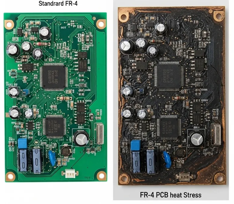 Comparison of FR-4 PCB damage versus high-performance PCB under thermal stress.