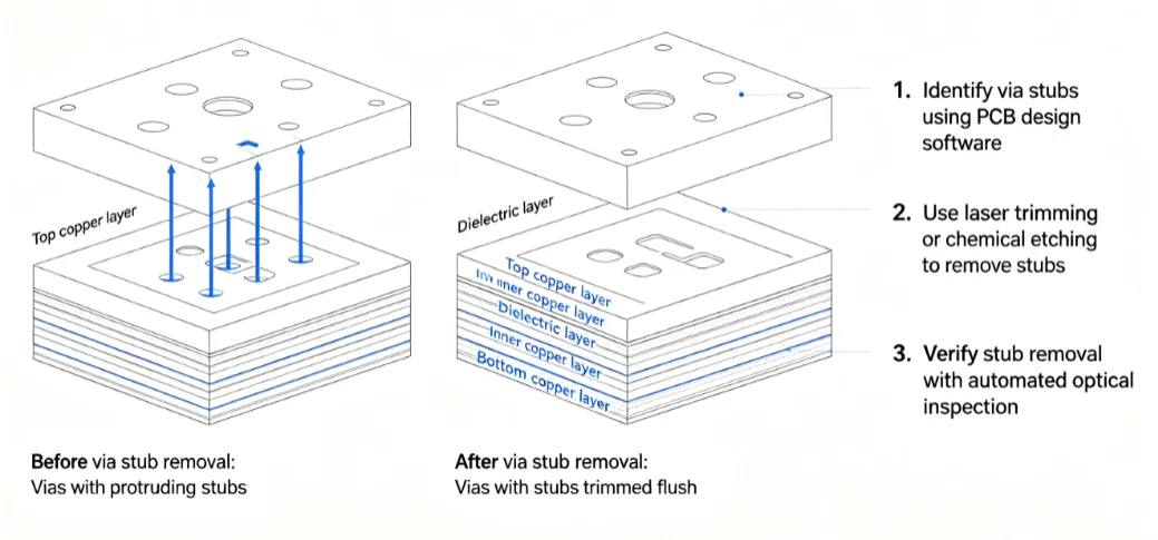 Diagram showing via stub removal in a multilayer PCB')