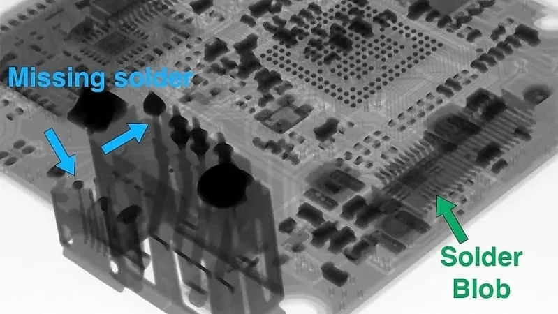 X-ray image of PCB with labeled defects and normal areas
