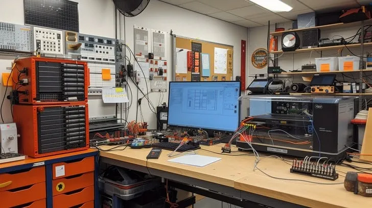 Workbench setup with tools for PCB repair including soldering iron and isopropyl alcohol