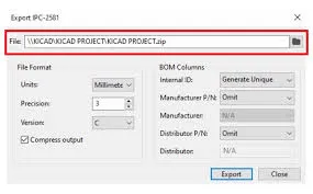 Exporting IPC-2581 file in PCB design software.