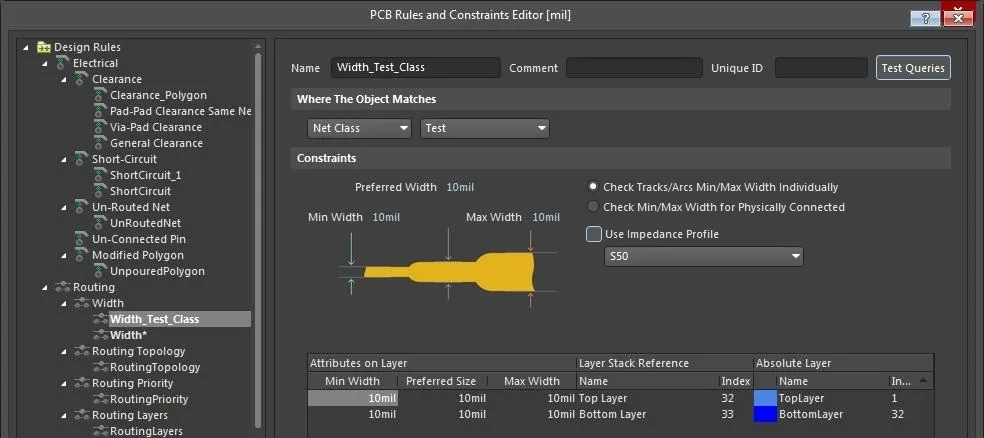 PCB design software settings for trace width and tolerance.