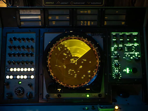 Military radar system with integrated PCB for high-frequency applications.