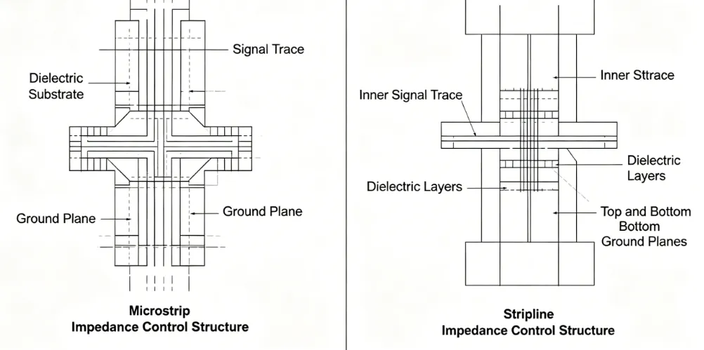 Diagram comparing microstrip and stripline structures for impedance control