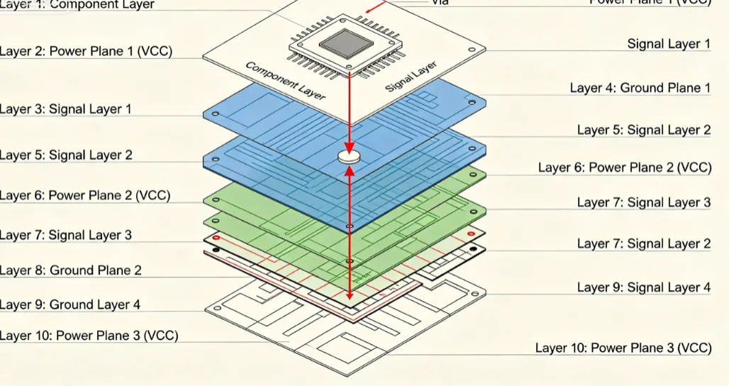 Diagram illustrating current flow through vias and power planes in a 10-layer PCB')