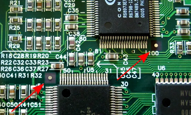 Close-up view of camera locating fiducial marks on a populated PCB panel