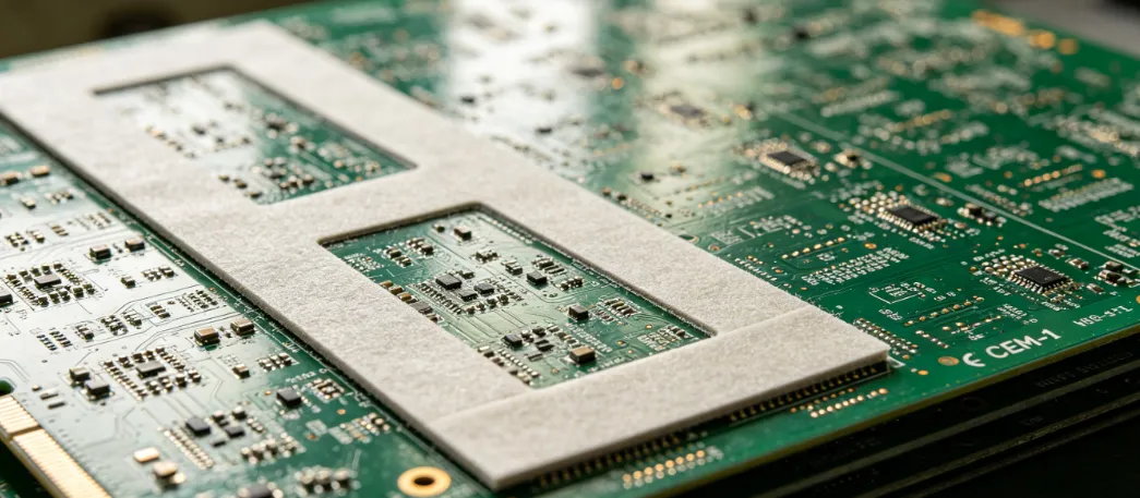 Illustration of a heat sink mounted on a CEM-1 PCB with thermal interface material