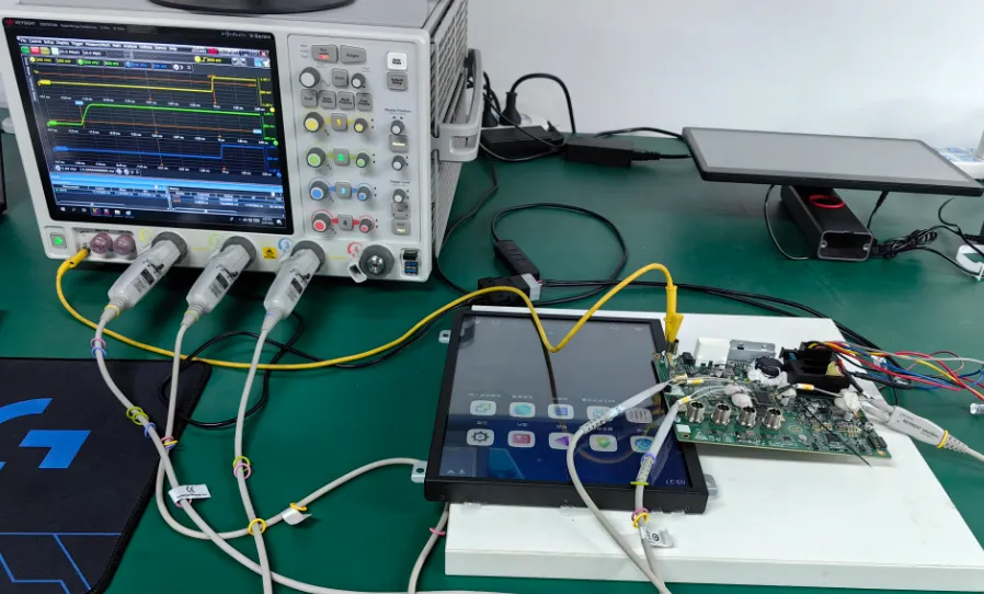 Large PCB being tested for signal integrity and structural stability during fabrication