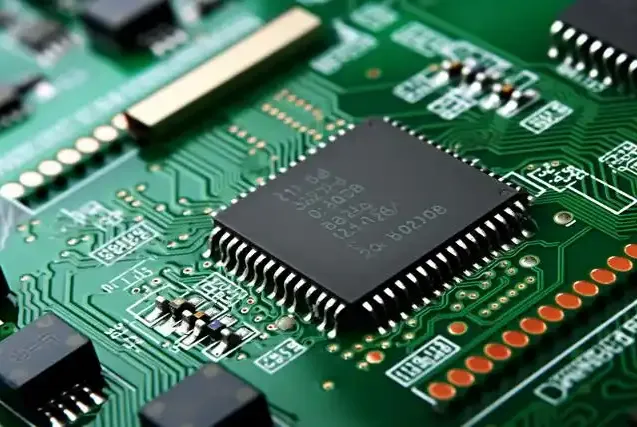 Close-up of SMT-assembled PCB with surface mount components