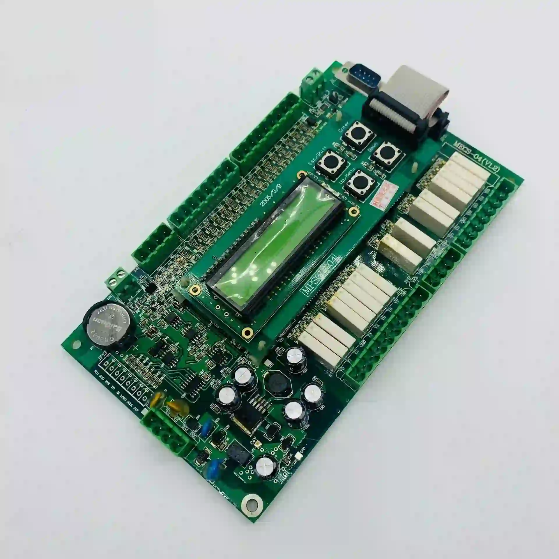 Elevator control PCB with labeled components for troubleshooting