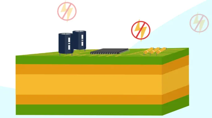 Schematic view of power traces and ground pours in a double-layer PCB')