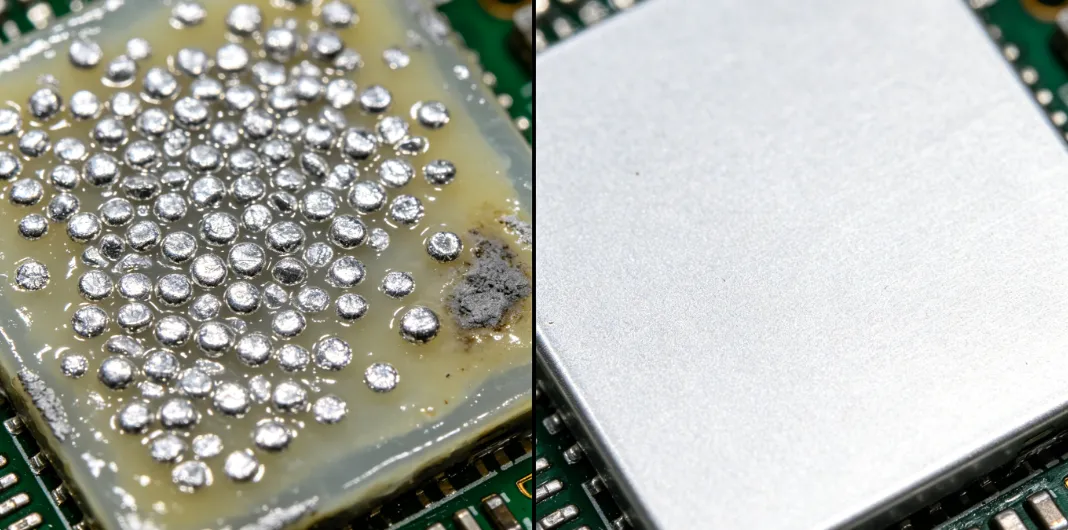 Microscopic view showing solder paste residue before and after cleaning