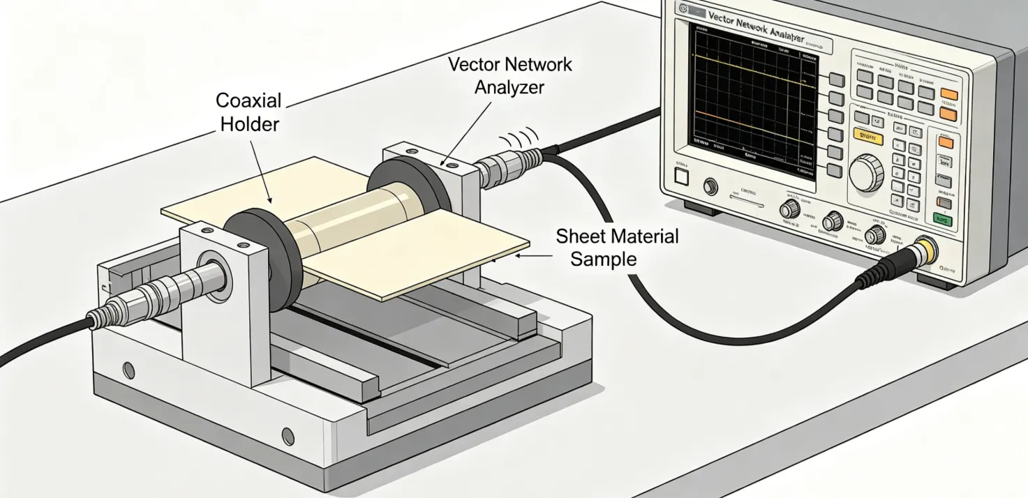 Setup for measuring shielding effectiveness of sheet materials using a coaxial holder