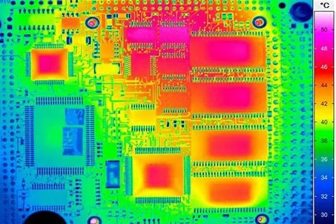 IR camera scan of heat distribution on a 12-layer PCB