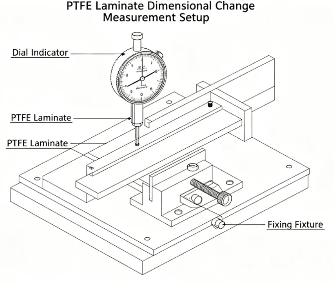 Dial gauge setup measuring dimensional changes in a PTFE laminate panel
